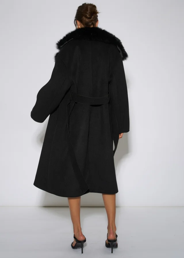 Gini London Black Faux Fur Trim Collar Longline Coat