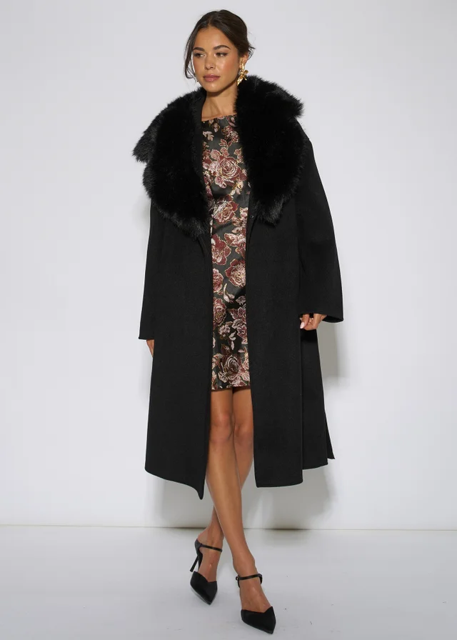 Gini London Black Faux Fur Trim Collar Longline Coat