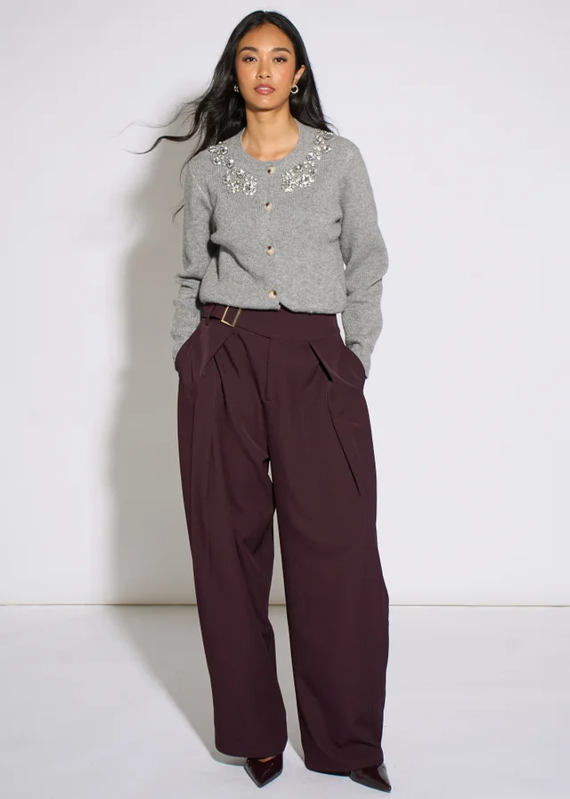 Gini London Purple Pleat Buckle Detail Barrel Trousers