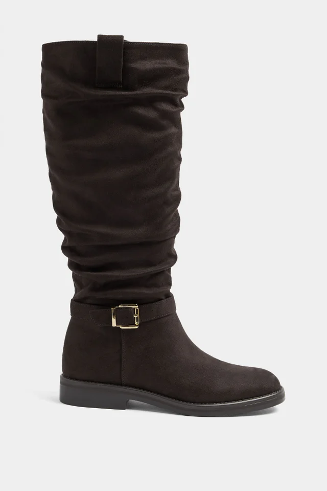 Yours Brown Faux Suede Buckle Detail Knee High Boots In Extra Wide E Fit