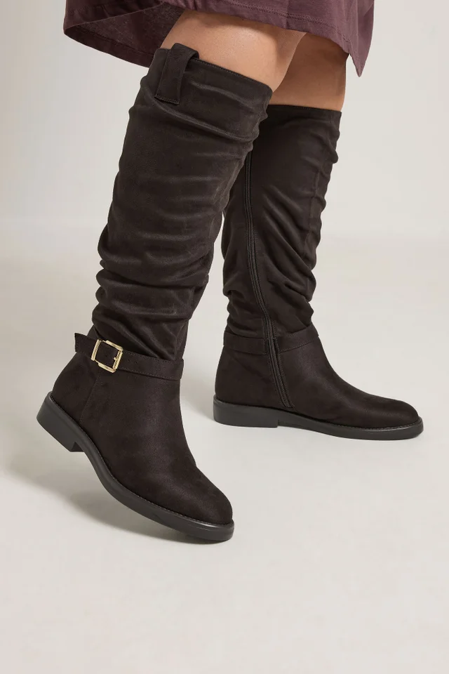 Yours Brown Faux Suede Buckle Detail Knee High Boots In Extra Wide E Fit