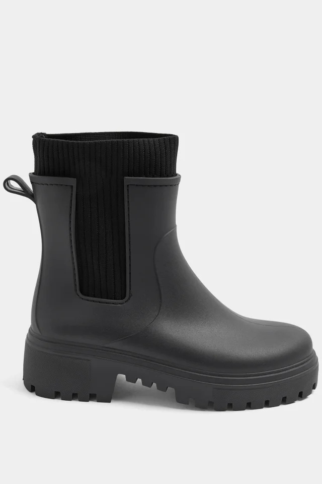 Yours Black Faux Leather Ribbed Knit Wellington Boots In Wide E Fit