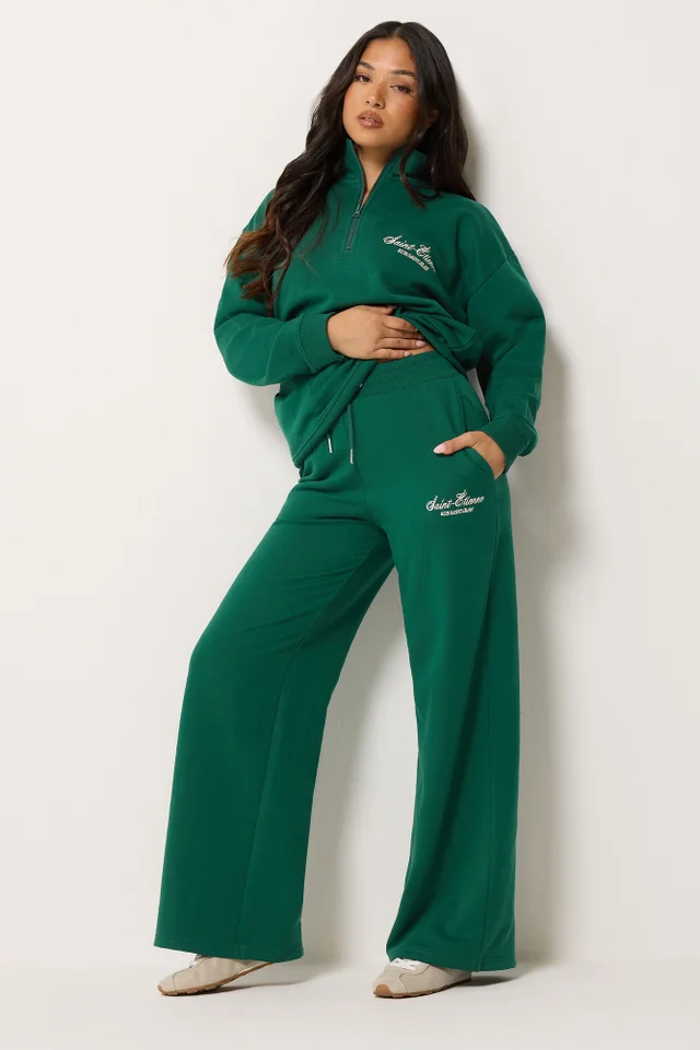 PixieGirl Petite Olive Green 'St Etienne' Slogan Wide Leg Joggers
