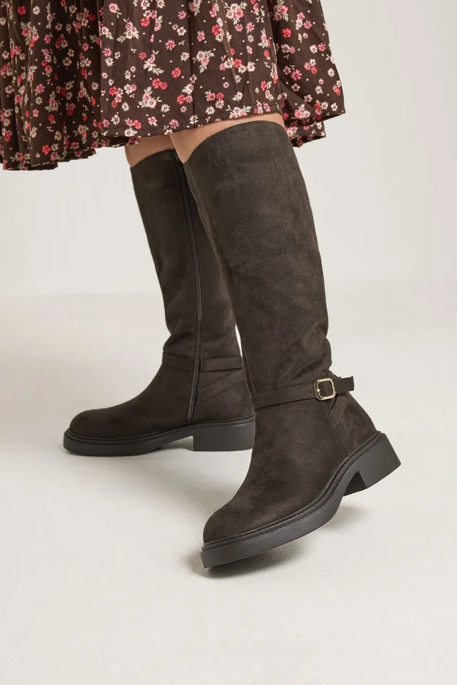 Yours Brown Buckle Detail Riding Boots In Wide E Fit