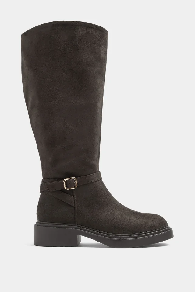Yours Brown Buckle Detail Riding Boots In Wide E Fit