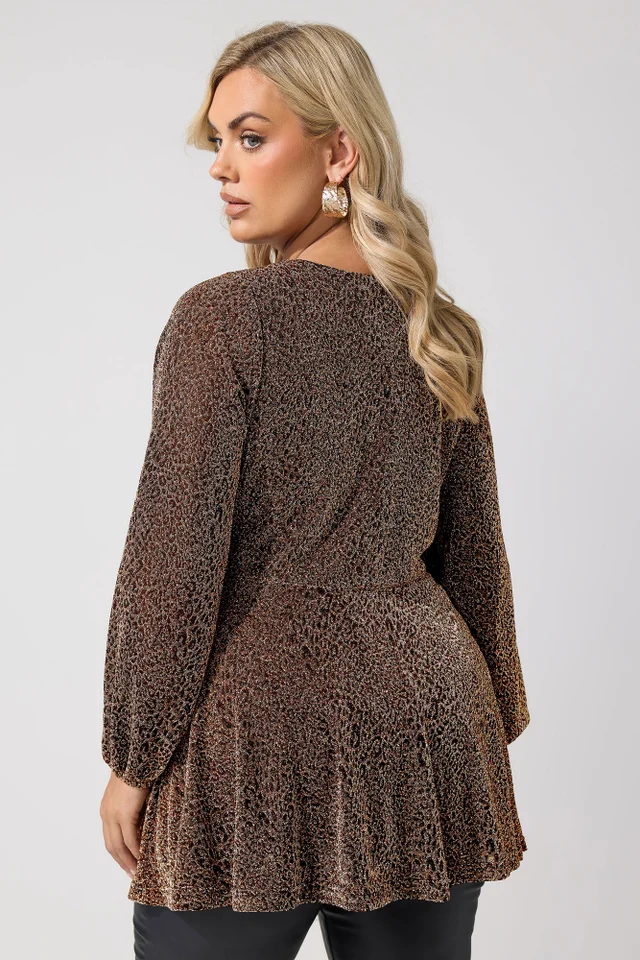Yours London Curve Brown Leopard Print Metallic Wrap Top