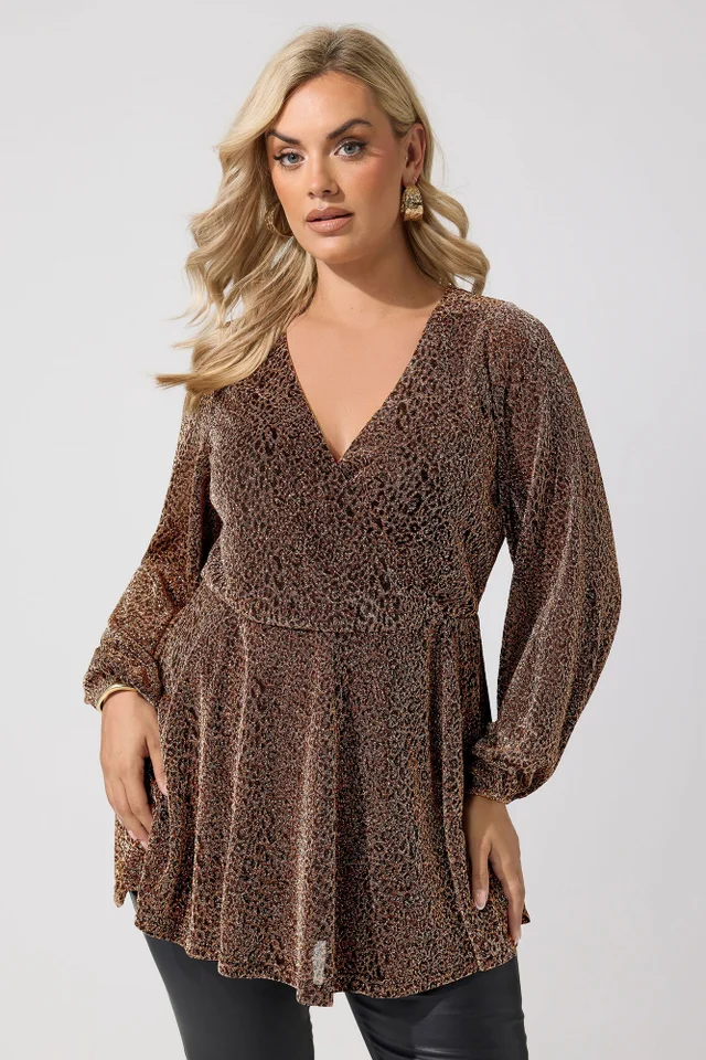 Yours London Curve Brown Leopard Print Metallic Wrap Top