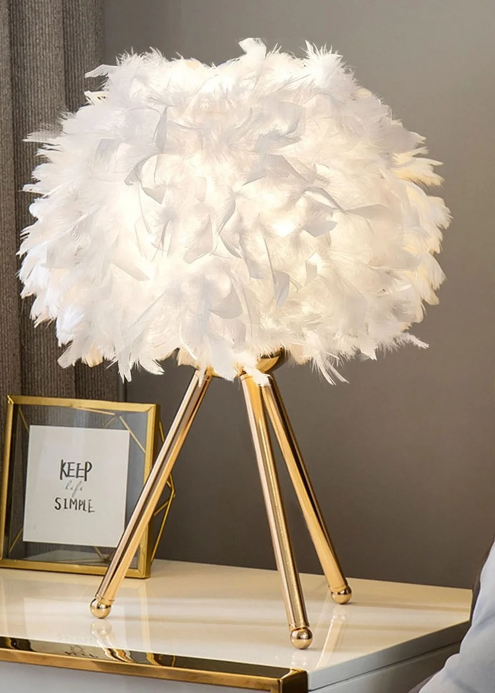 Kabinet Gold Feather Lampshade Tripod Table Lamp Fixtures Decor 21.5x21.5x10.5cm - One Size Image 1
