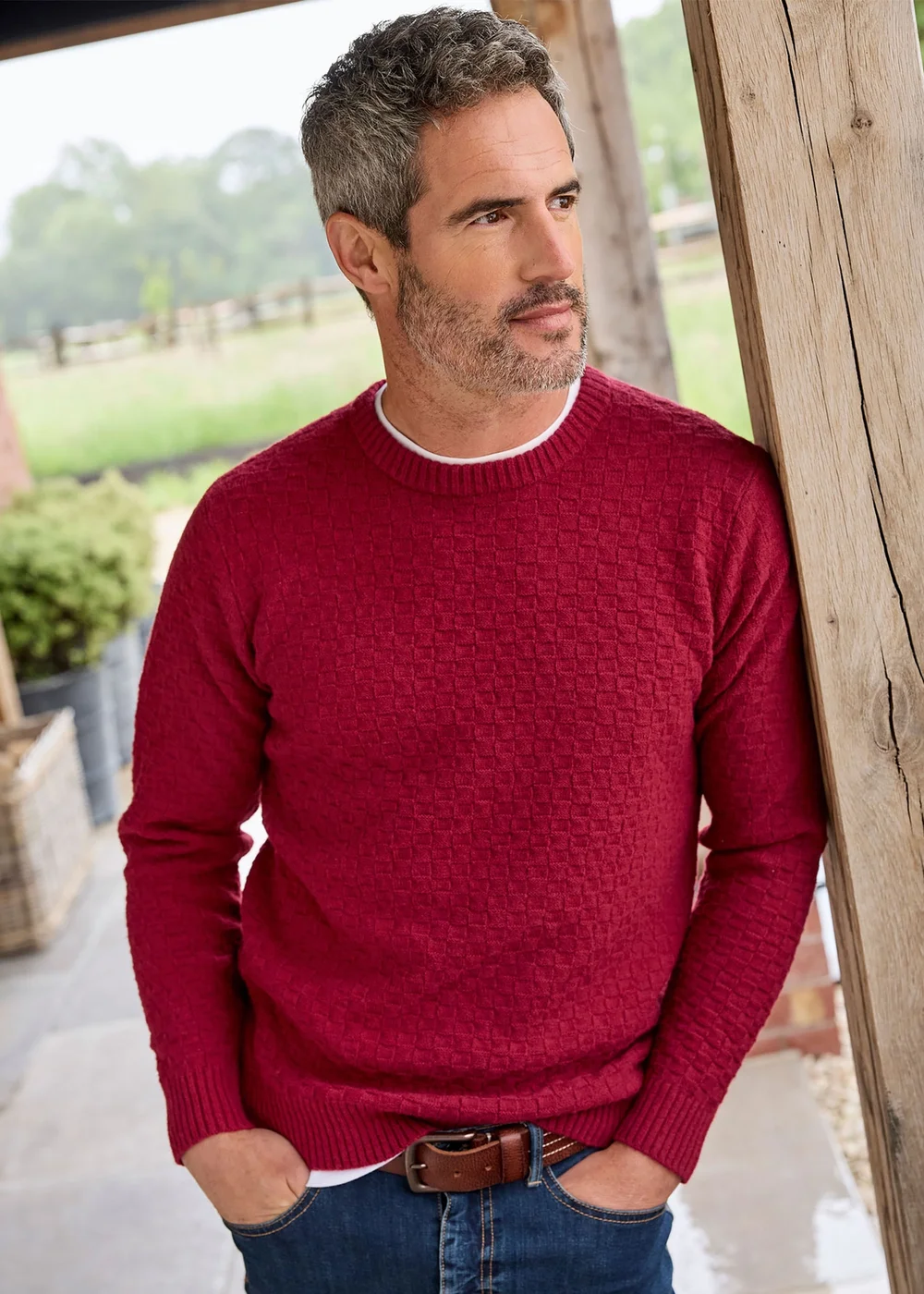 Cotton Traders Red Textured Basket Stitch Jumper - M Image 2