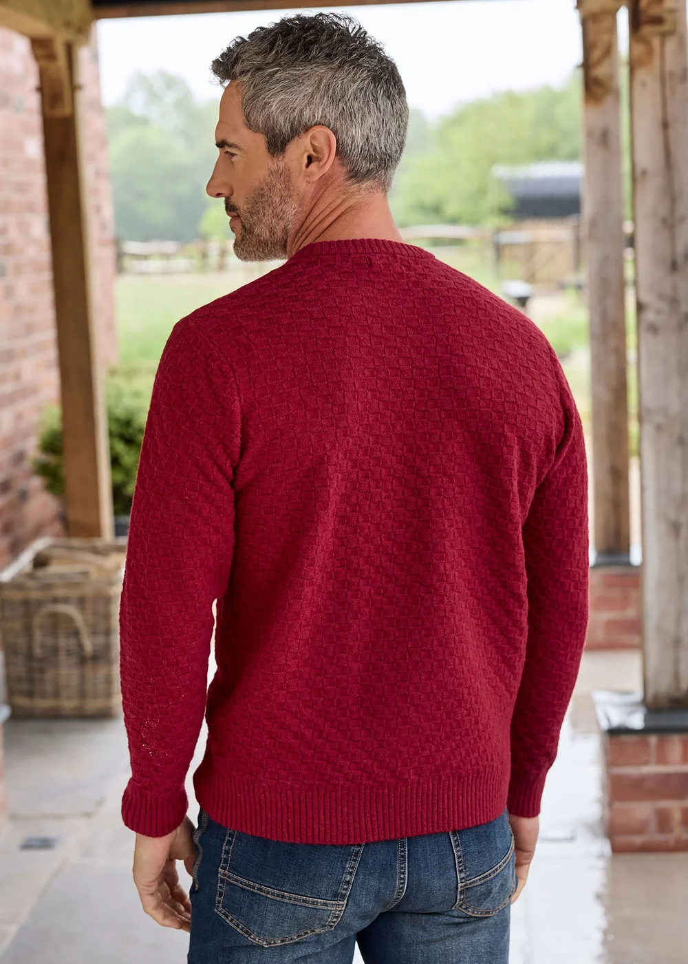 Cotton Traders Red Textured Basket Stitch Jumper - M Image 3