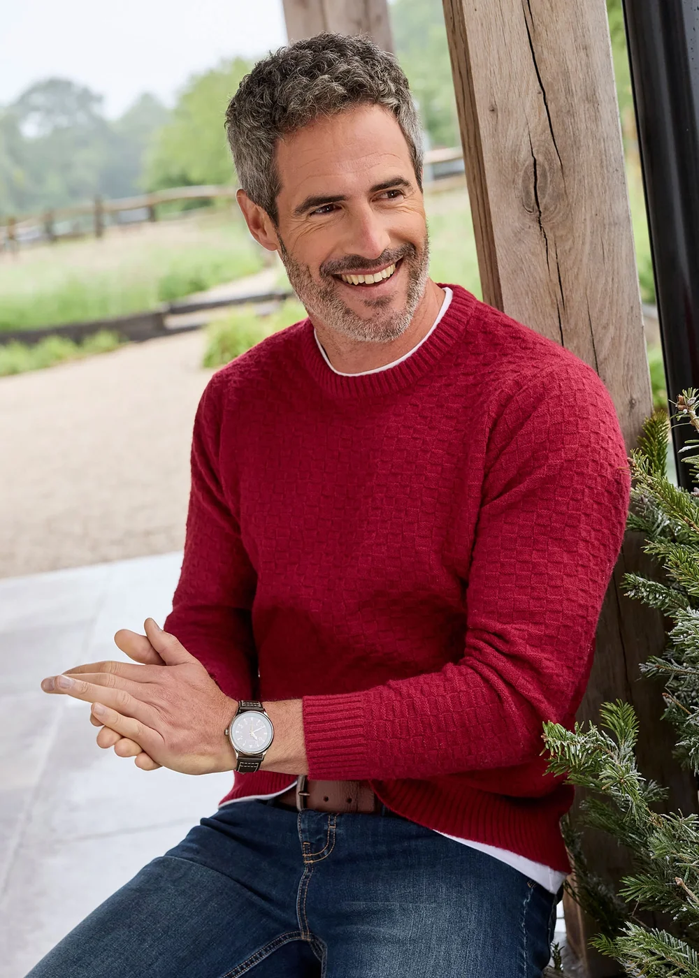 Cotton Traders Red Textured Basket Stitch Jumper - M Image 1