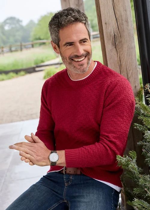 Cotton Traders Red Textured Basket Stitch Jumper - M Image 1