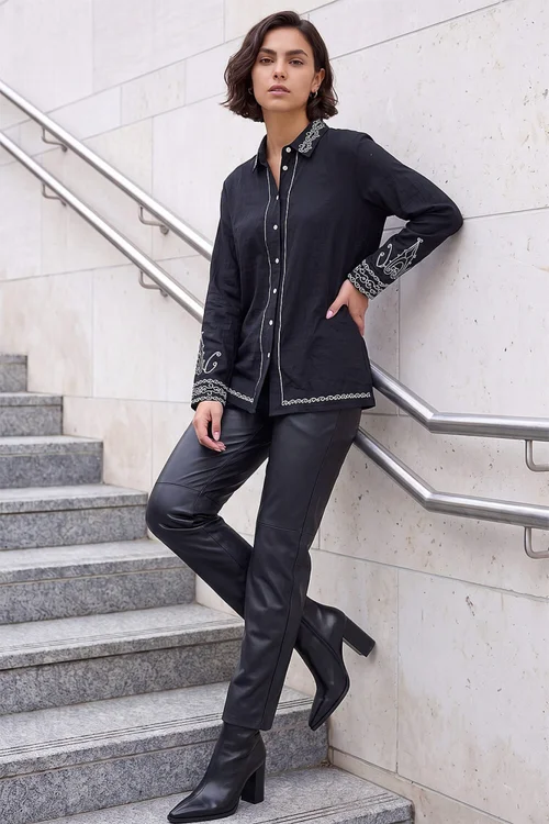 Roman Black Contrast Embroidered Collared Shirt - 12 Image 3