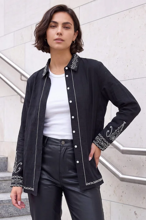 Roman Black Contrast Embroidered Collared Shirt - 12 Image 2