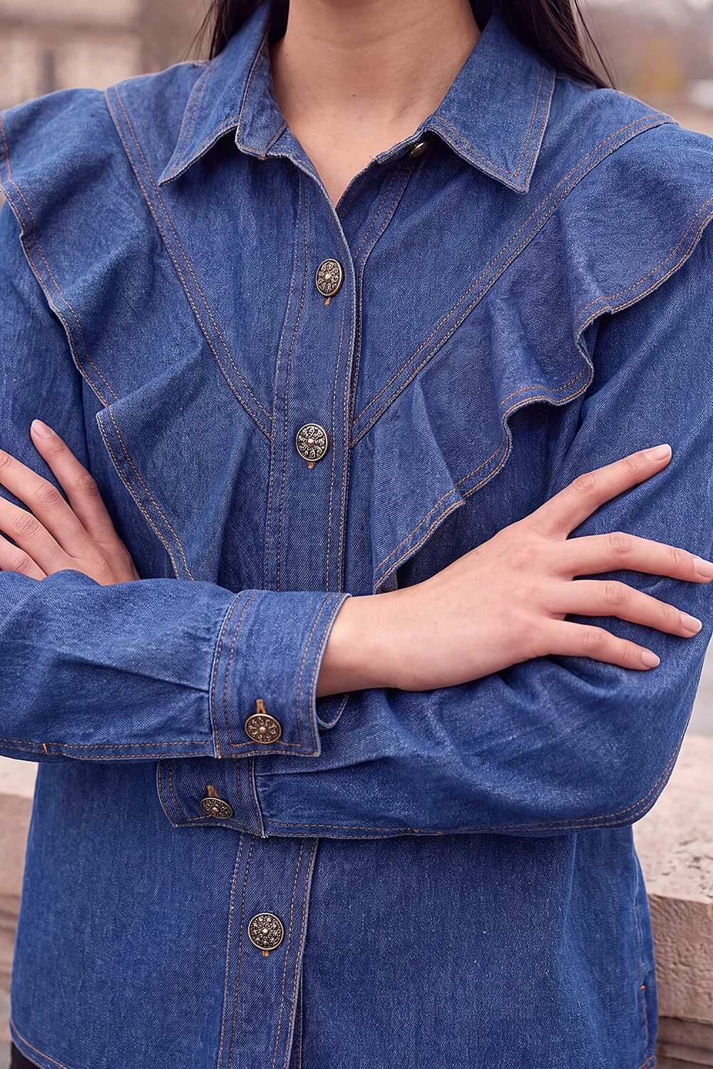 Dusk Blue Denim Frill Buttoned Shirt - 14 Image 4