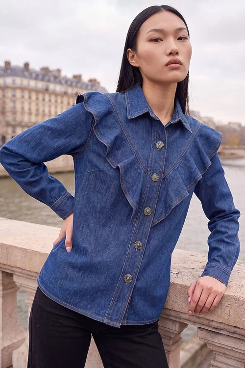 Dusk Blue Denim Frill Buttoned Shirt - 14 Image 1