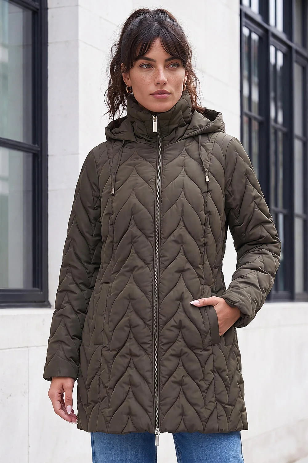 Roman Khaki Zig Zag Padded Coat - 12 Image 2