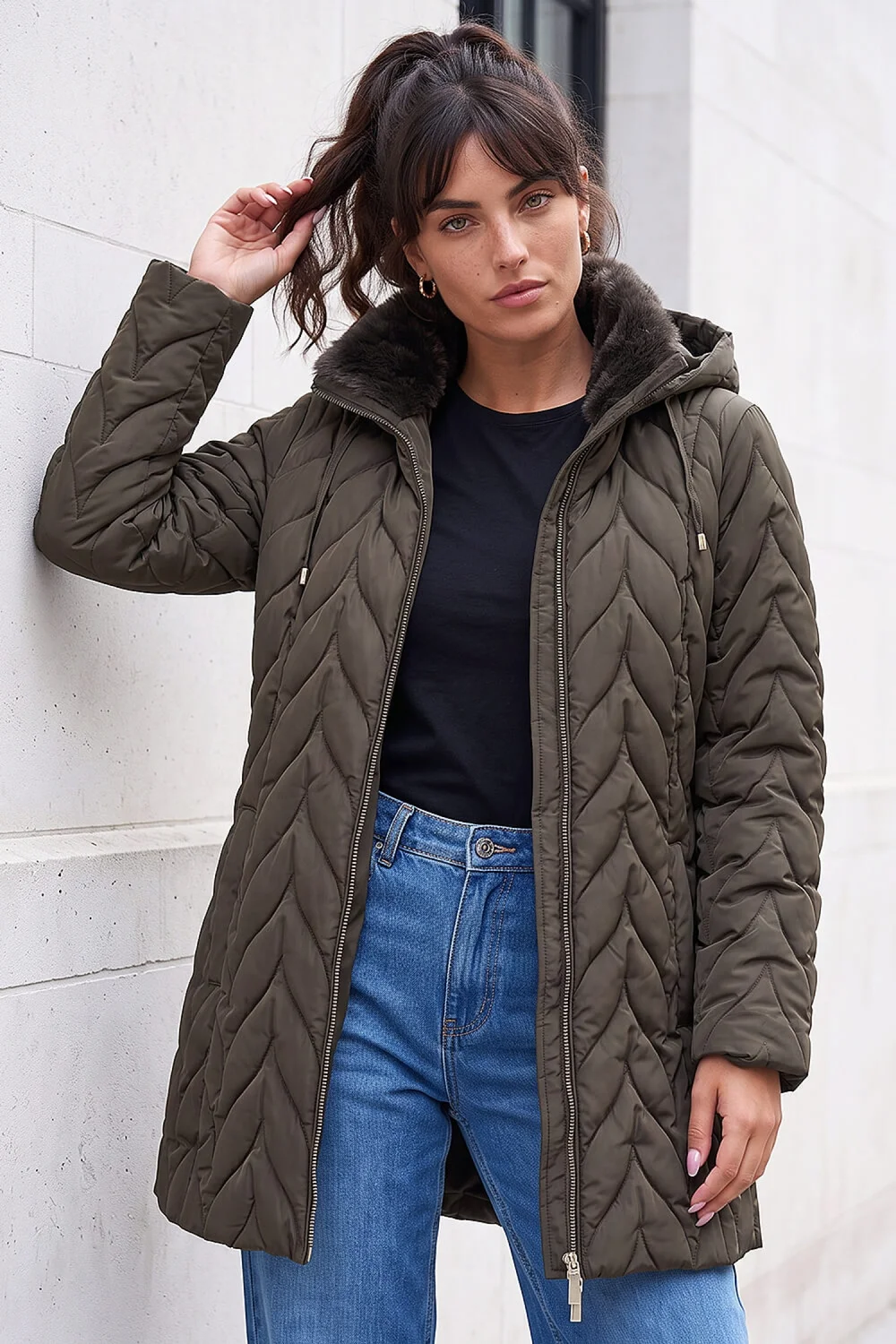 Roman Khaki Zig Zag Padded Coat - 12 Image 1
