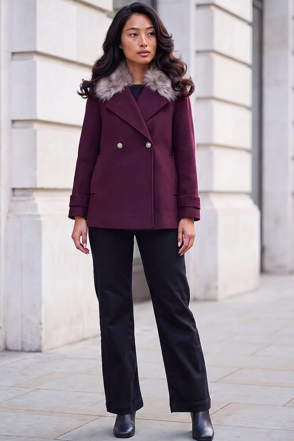 Roman Wine Petite Fur Collar Coat - 10 Image 3