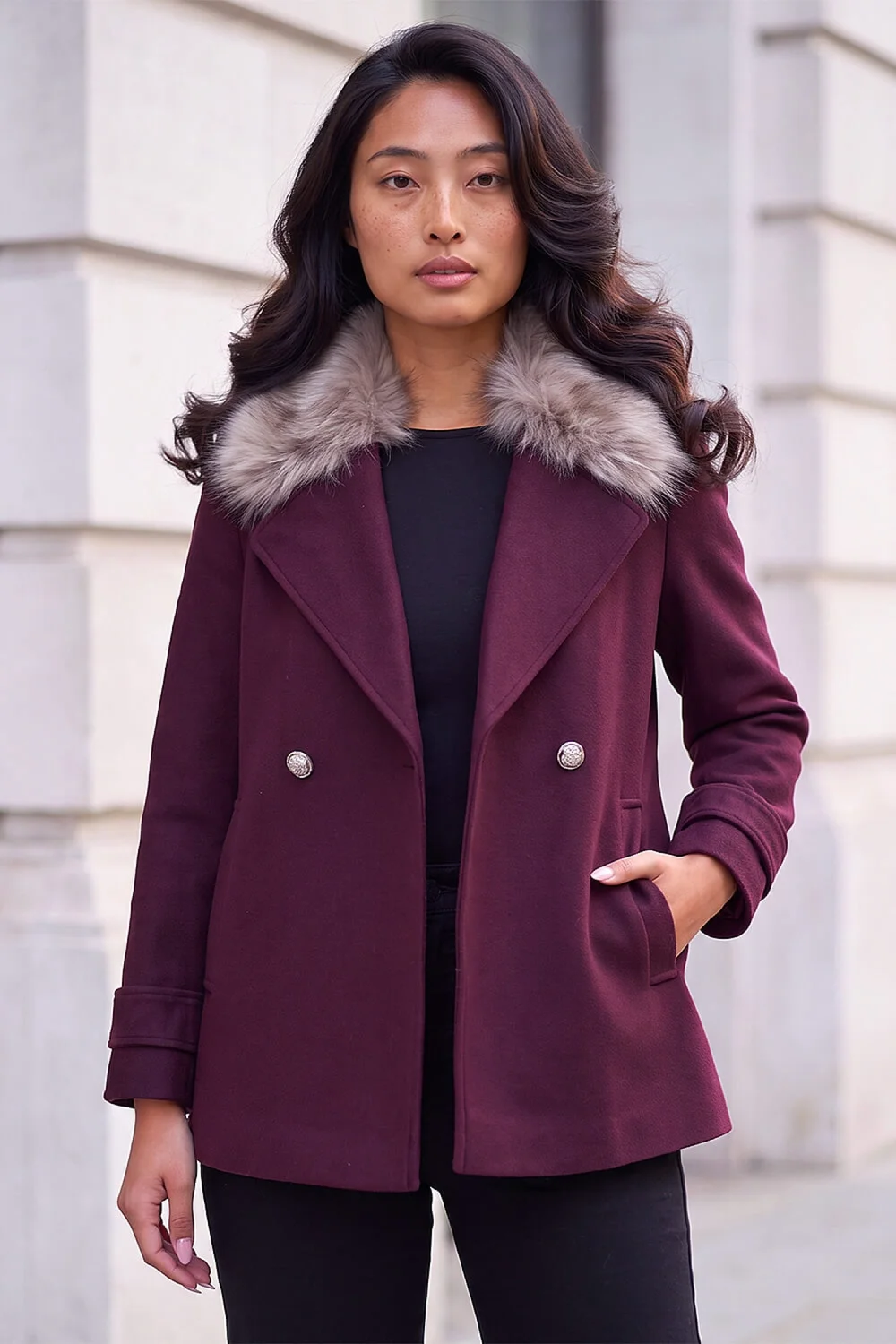 Roman Wine Petite Fur Collar Coat - 10 Image 1