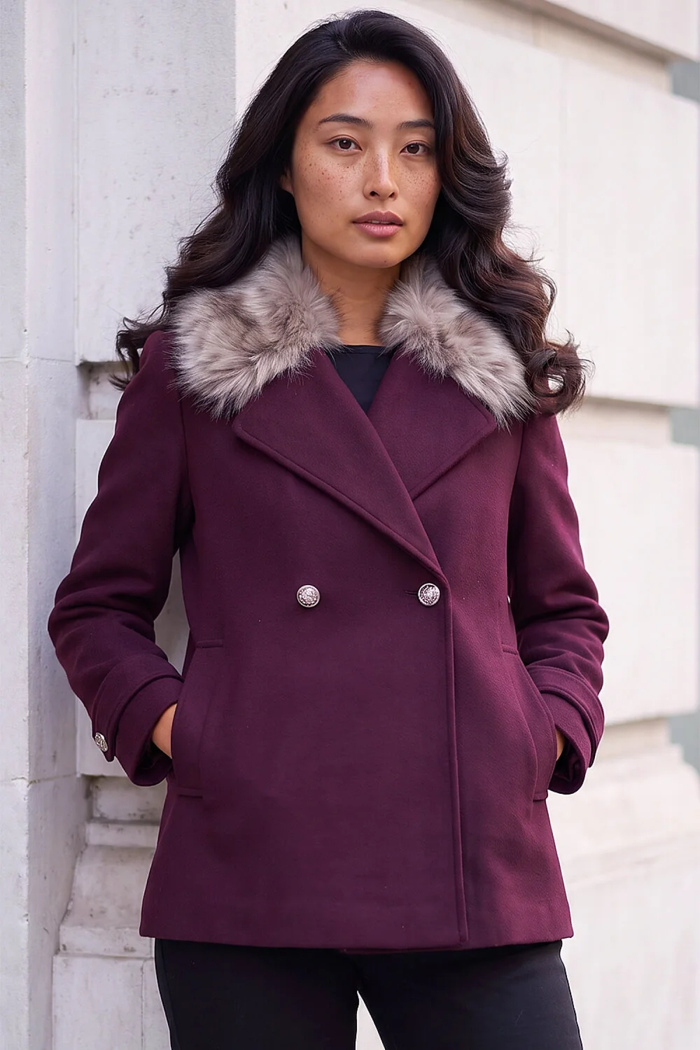 Roman Wine Petite Fur Collar Coat - 10 Image 2