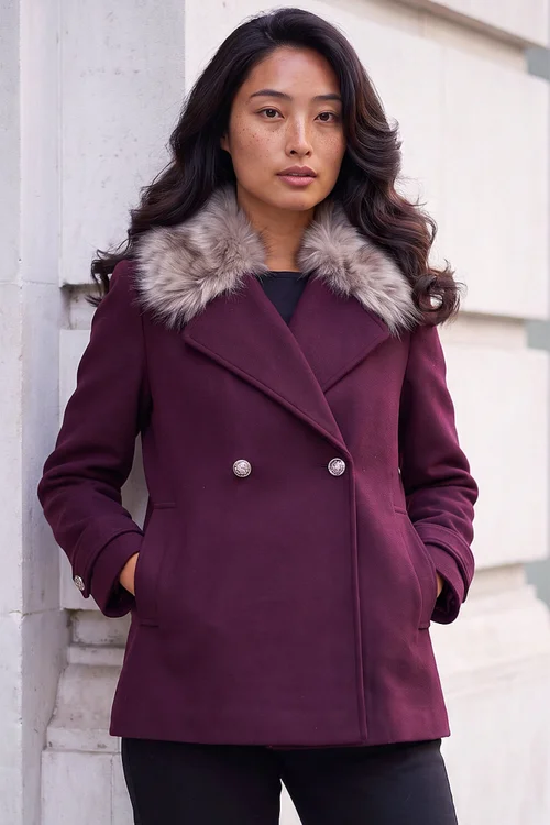 Roman Wine Petite Fur Collar Coat - 10 Image 2