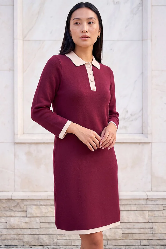 Roman Wine Button Detail Knitted Dress