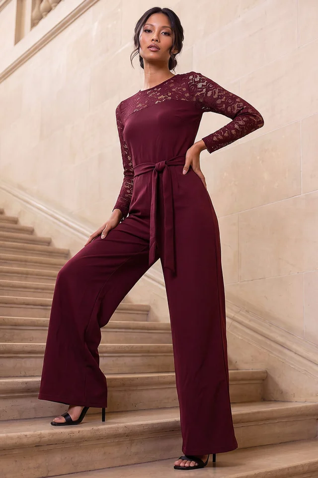 Roman Wine Petite Lace Contrast Stretch Jumpsuit