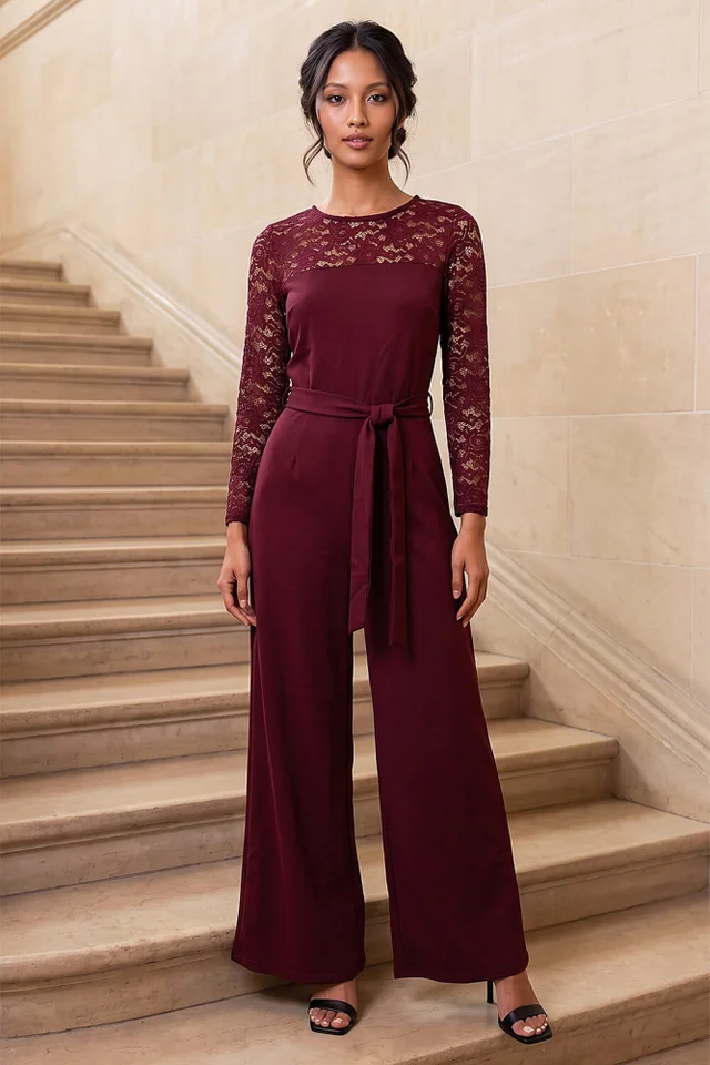 Roman Wine Petite Lace Contrast Stretch Jumpsuit
