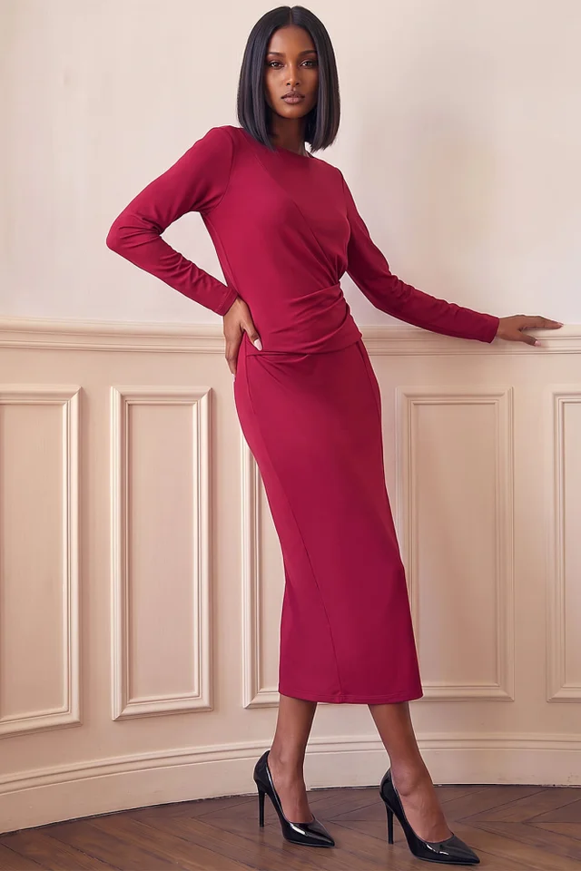 Dusk Wine Ruched Waist Midi Dress