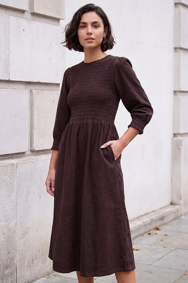 Roman Chocolate Corduroy Shirred Midi Dress