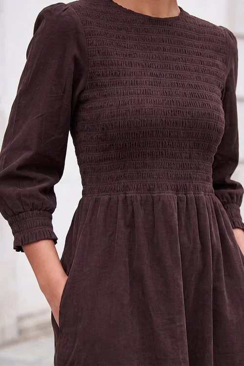 Roman Chocolate Corduroy Shirred Midi Dress - 10 Image 4