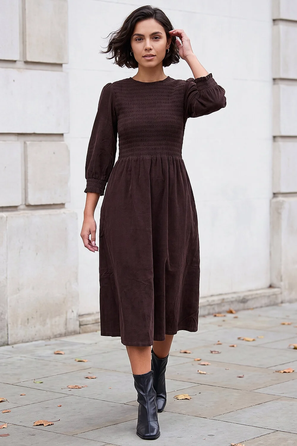 Roman Chocolate Corduroy Shirred Midi Dress - 10 Image 2