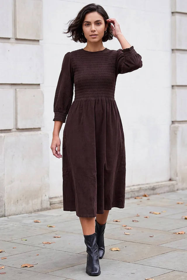 Roman Chocolate Corduroy Shirred Midi Dress