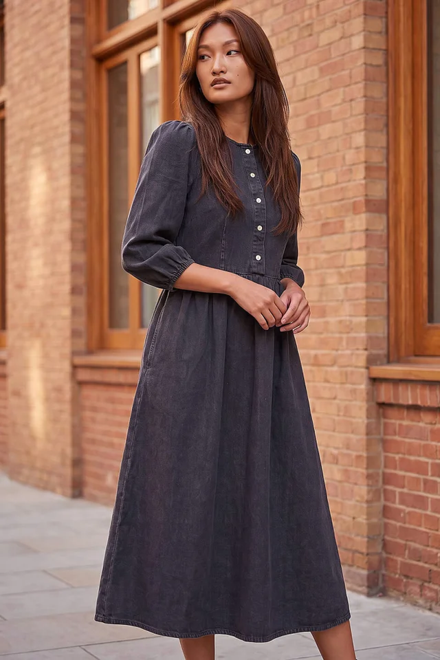Roman Black Popper Buttoned Midi Dress