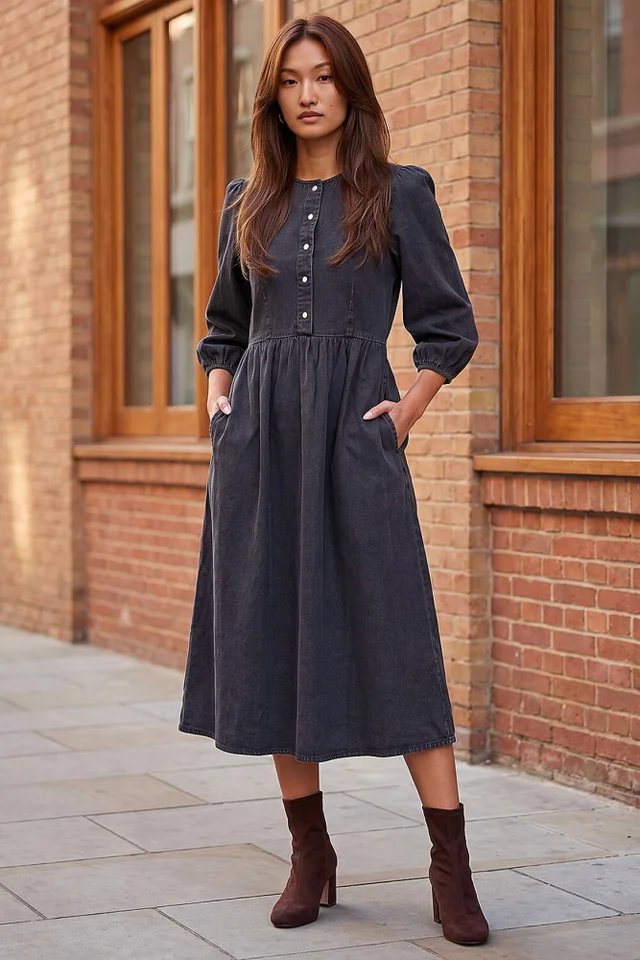 Roman Black Popper Buttoned Midi Dress