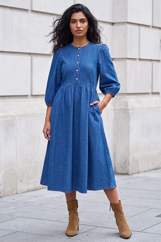 Roman Denim Popper Buttoned Midi Dress