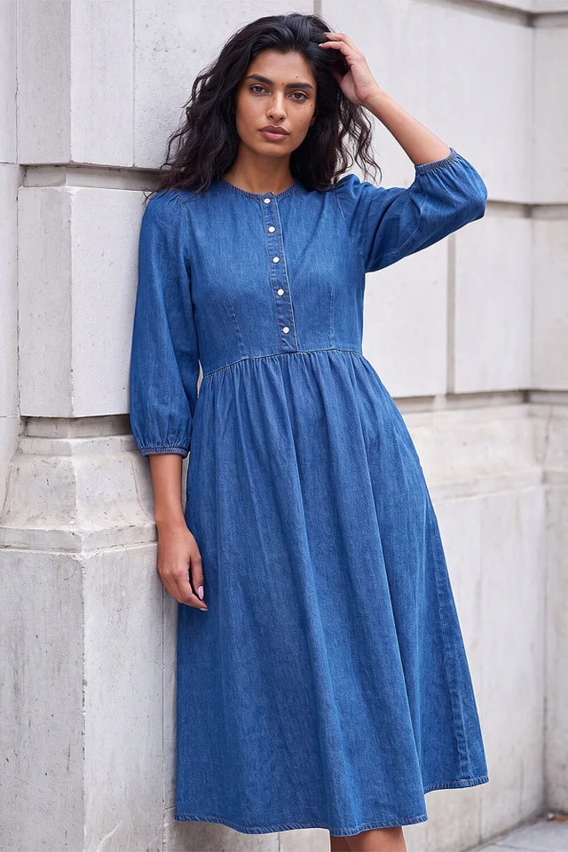 Roman Denim Popper Buttoned Midi Dress