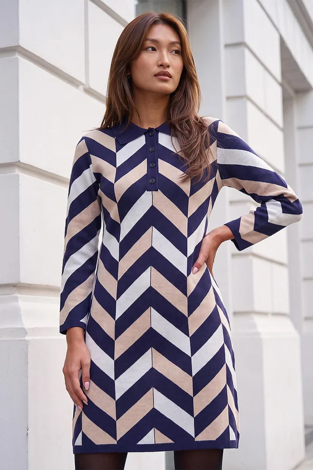 Roman Navy Chevron Collared Knit Dress