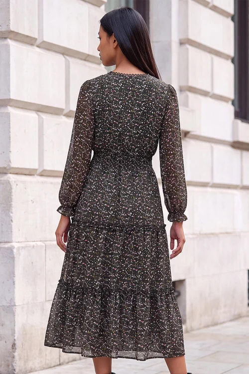 Roman Black Petite Ditsy Tiered Midi Dress - 18 Image 3