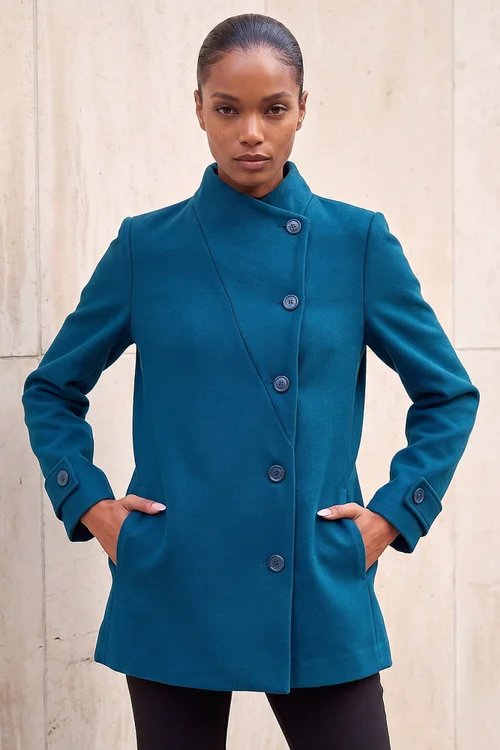 Roman Teal Funnel Neck Coat - 16 Image 2