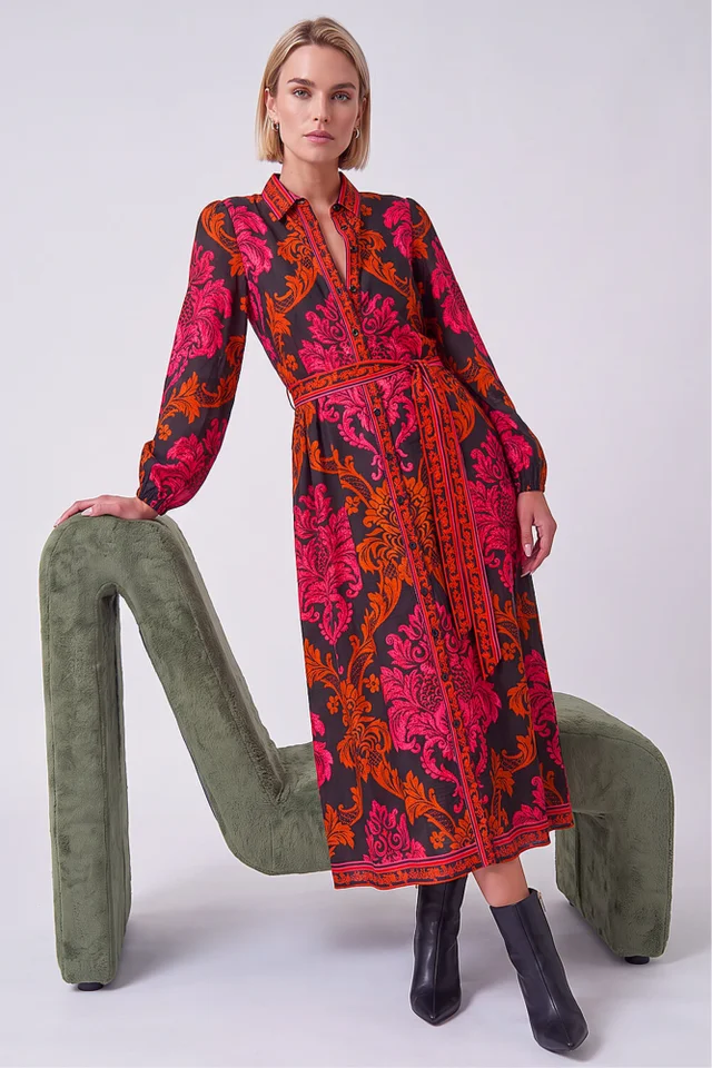 Roman Fuchsia Baroque Border Shirt Dress