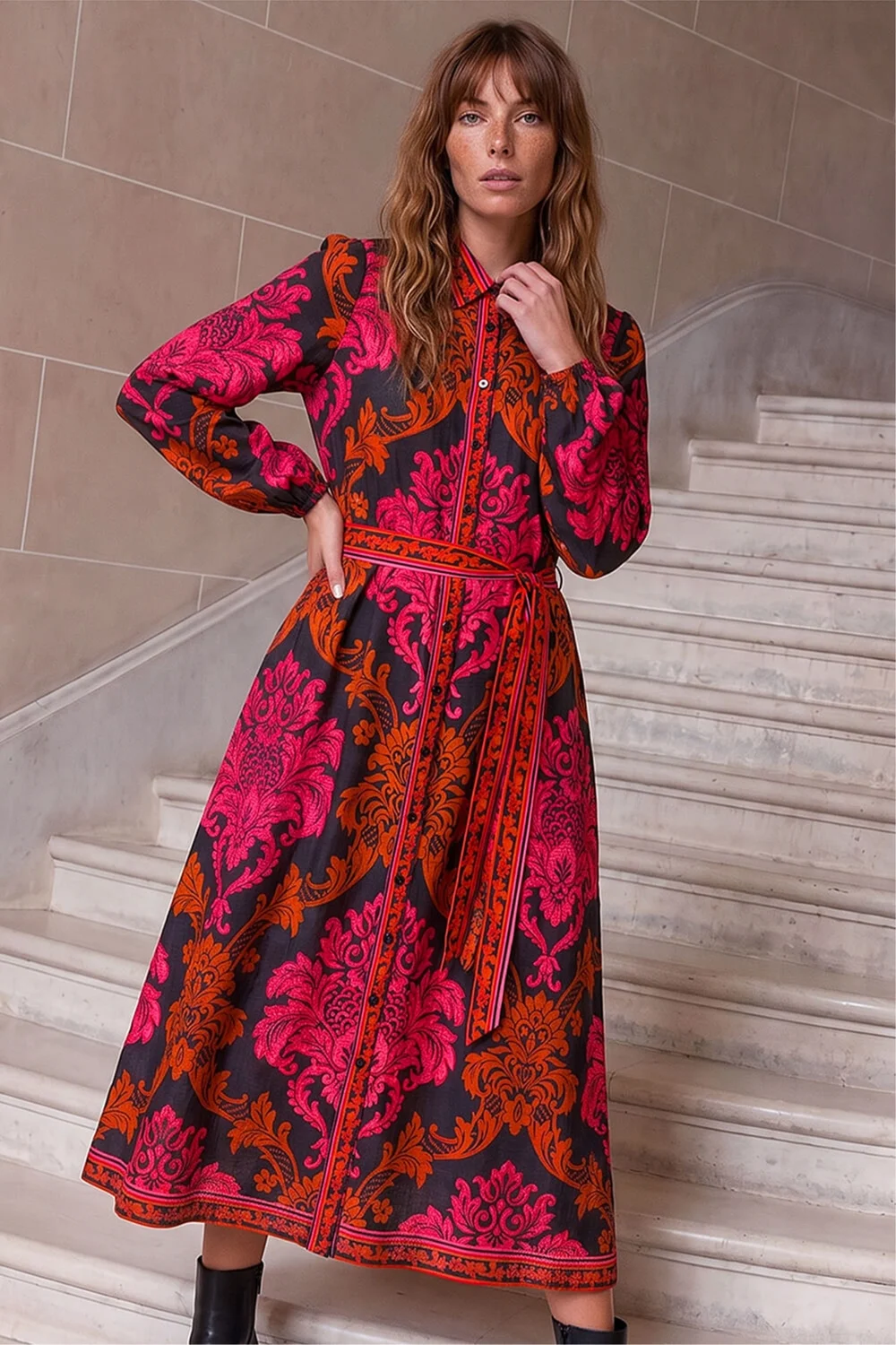 Roman Fuchsia Baroque Border Shirt Dress - 14 Image 2
