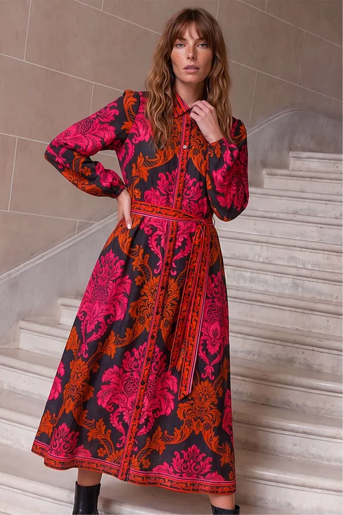 Roman Fuchsia Baroque Border Shirt Dress - 14 Image 2