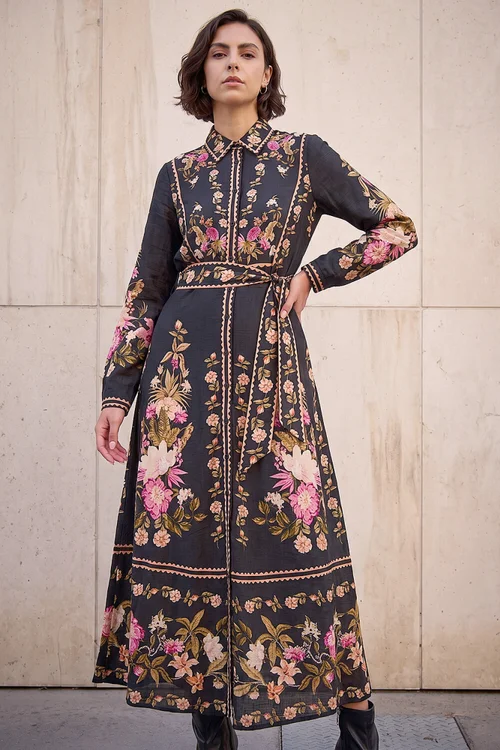 Roman Black Bordered Floral Dress - 12 Image 1
