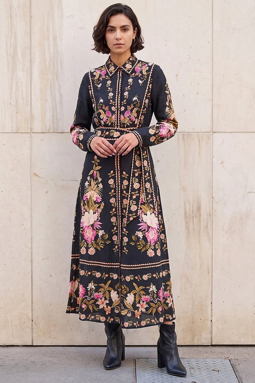 Roman Black Bordered Floral Dress - 12 Image 2