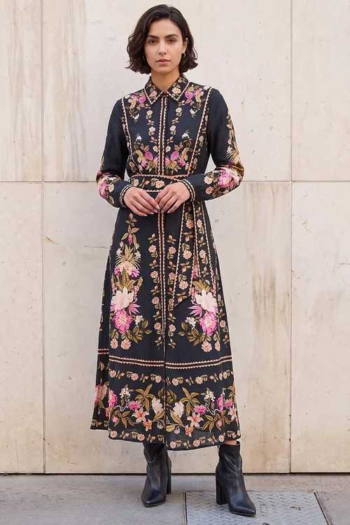 Roman Black Bordered Floral Dress - 12 Image 2