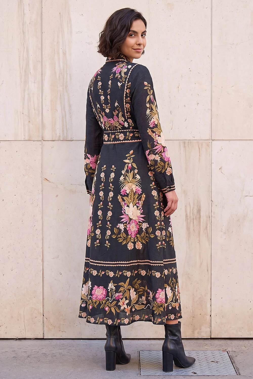 Roman Black Bordered Floral Dress - 12 Image 3