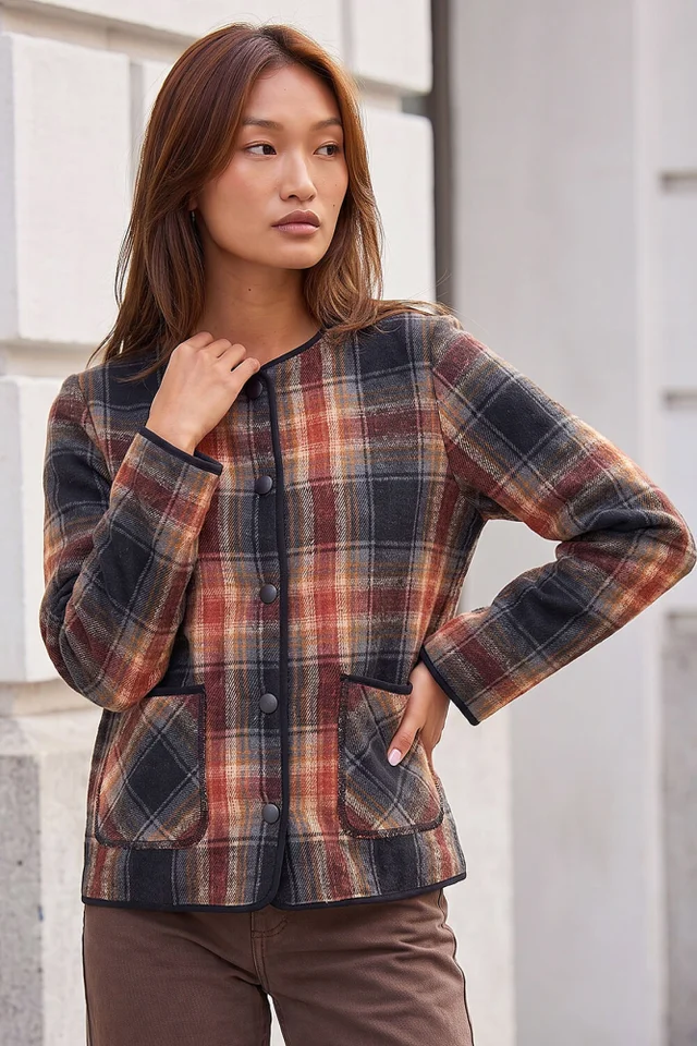 Roman Dark Orange Check Buttoned Throw On Jacket