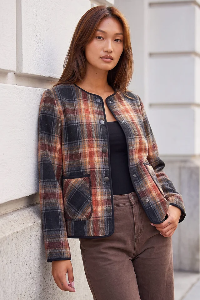 Roman Dark Orange Check Buttoned Throw On Jacket